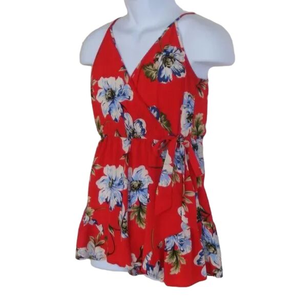 XHILARATION Romper, M, Spag Straps, Faux Wrap, Red Floral, Pockets - Picture 3 of 10